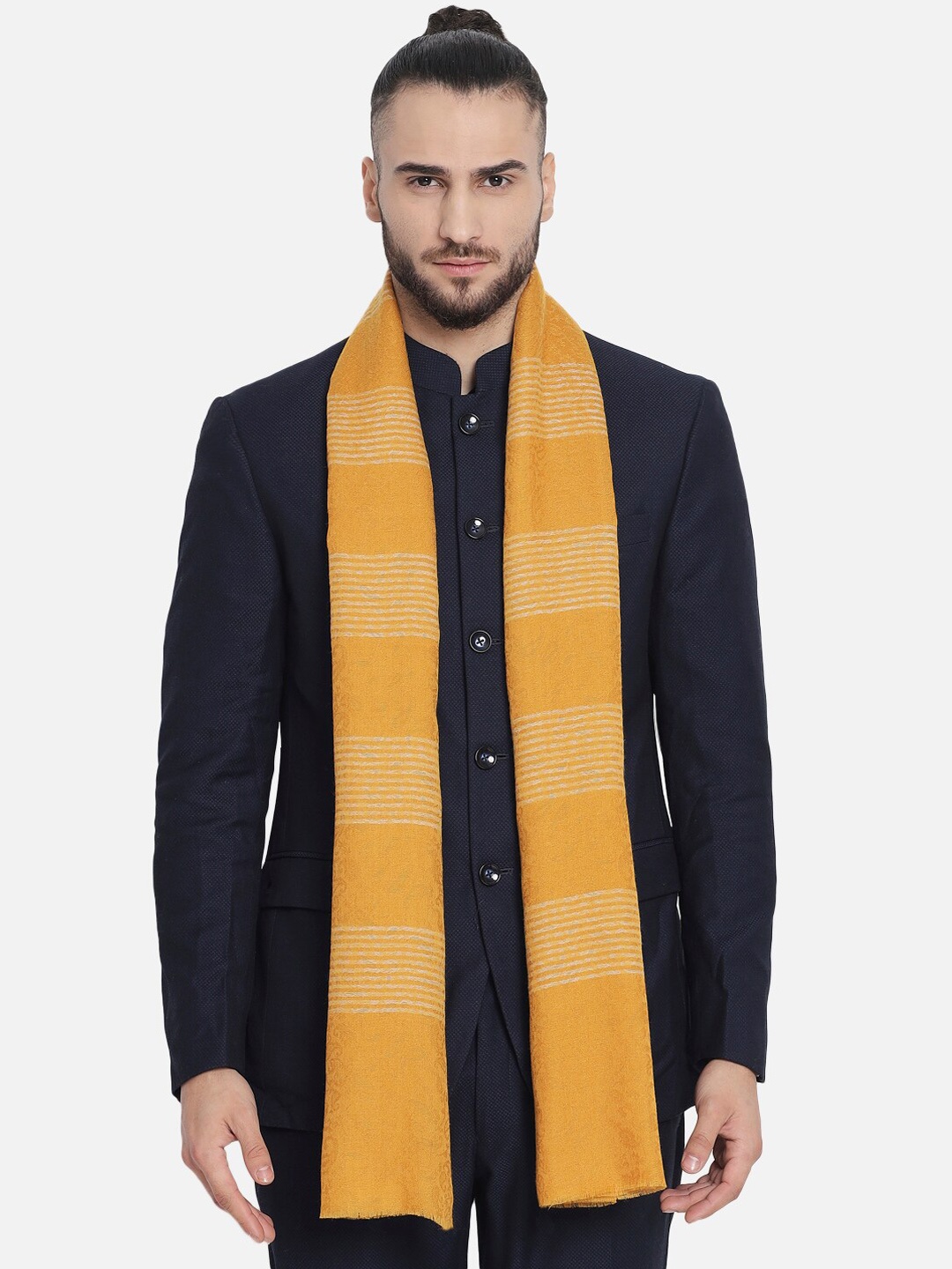 

Pashtush Men Yellow Striped Woollen Shawl