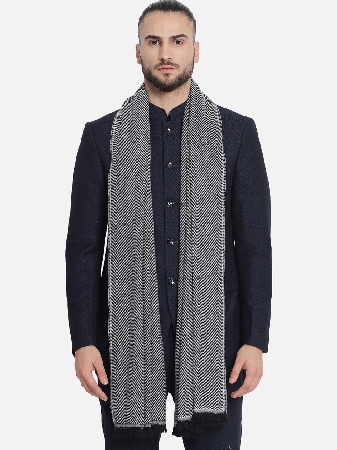 

Pashtush Men Grey & Black Woven-Design Woolen Shawl