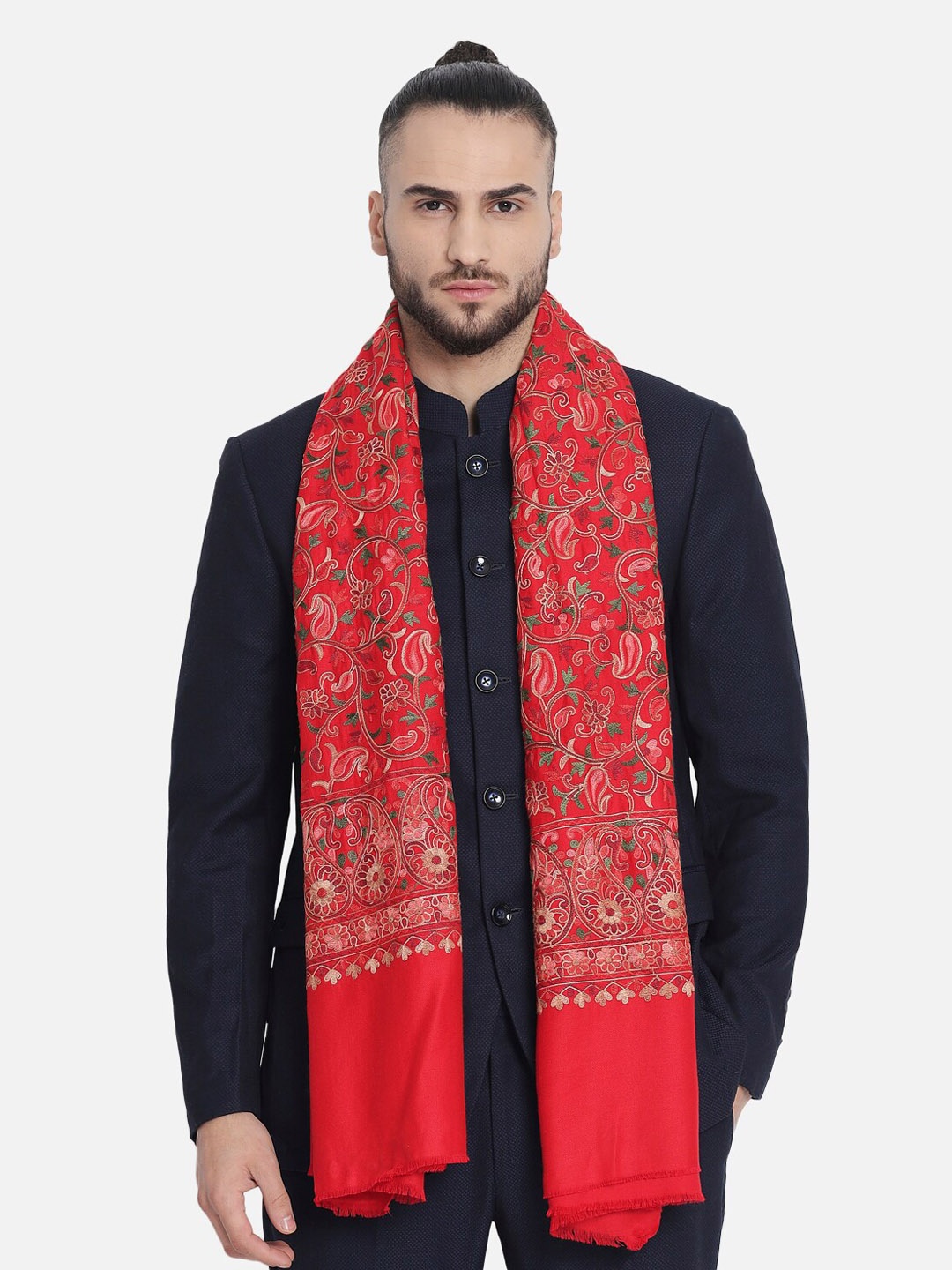 

Pashtush Men Red & Green Woven-Design Woolen Shawl