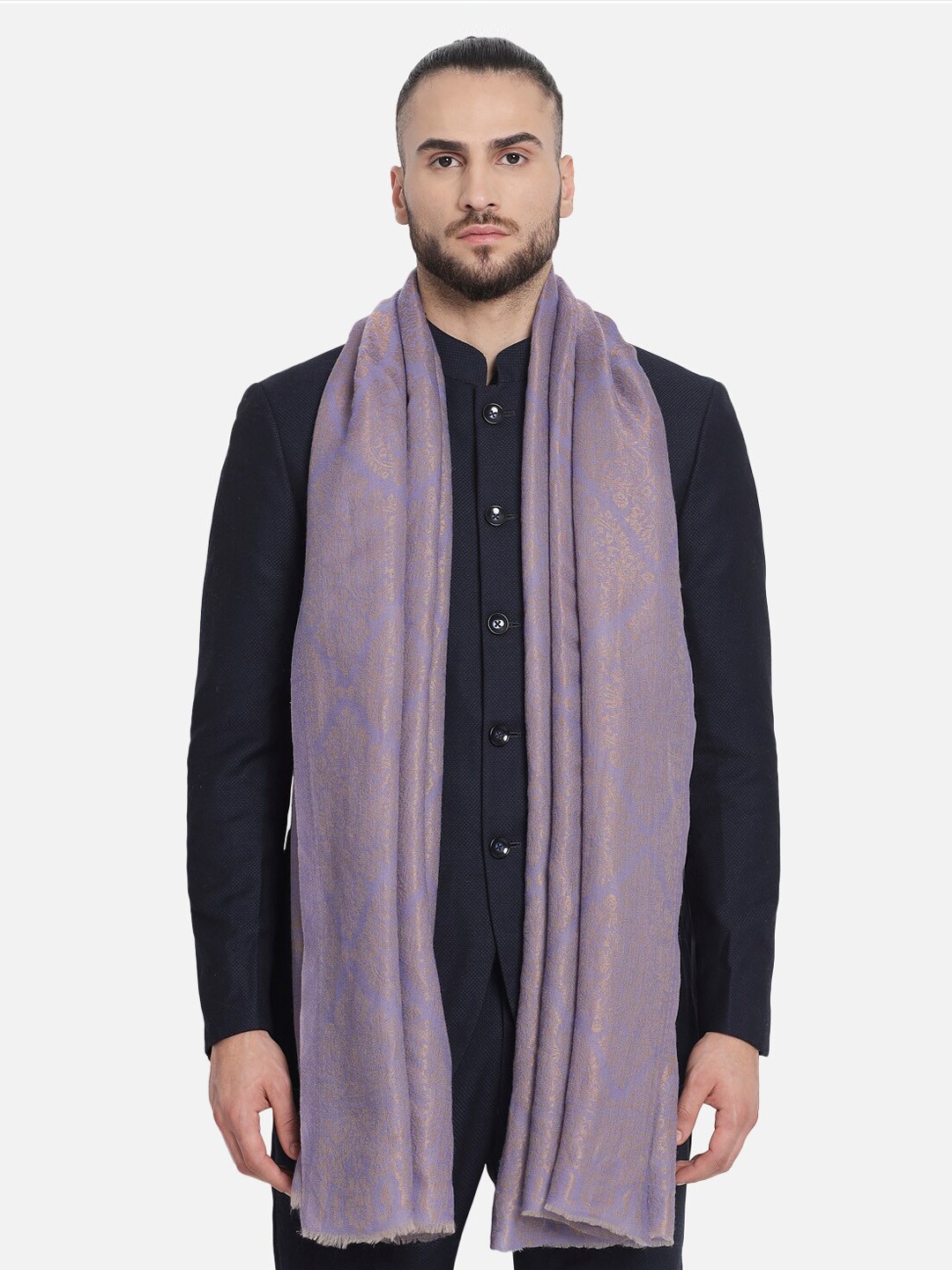

Pashtush Men Purple & Gold Woven Design Woolen Shawl