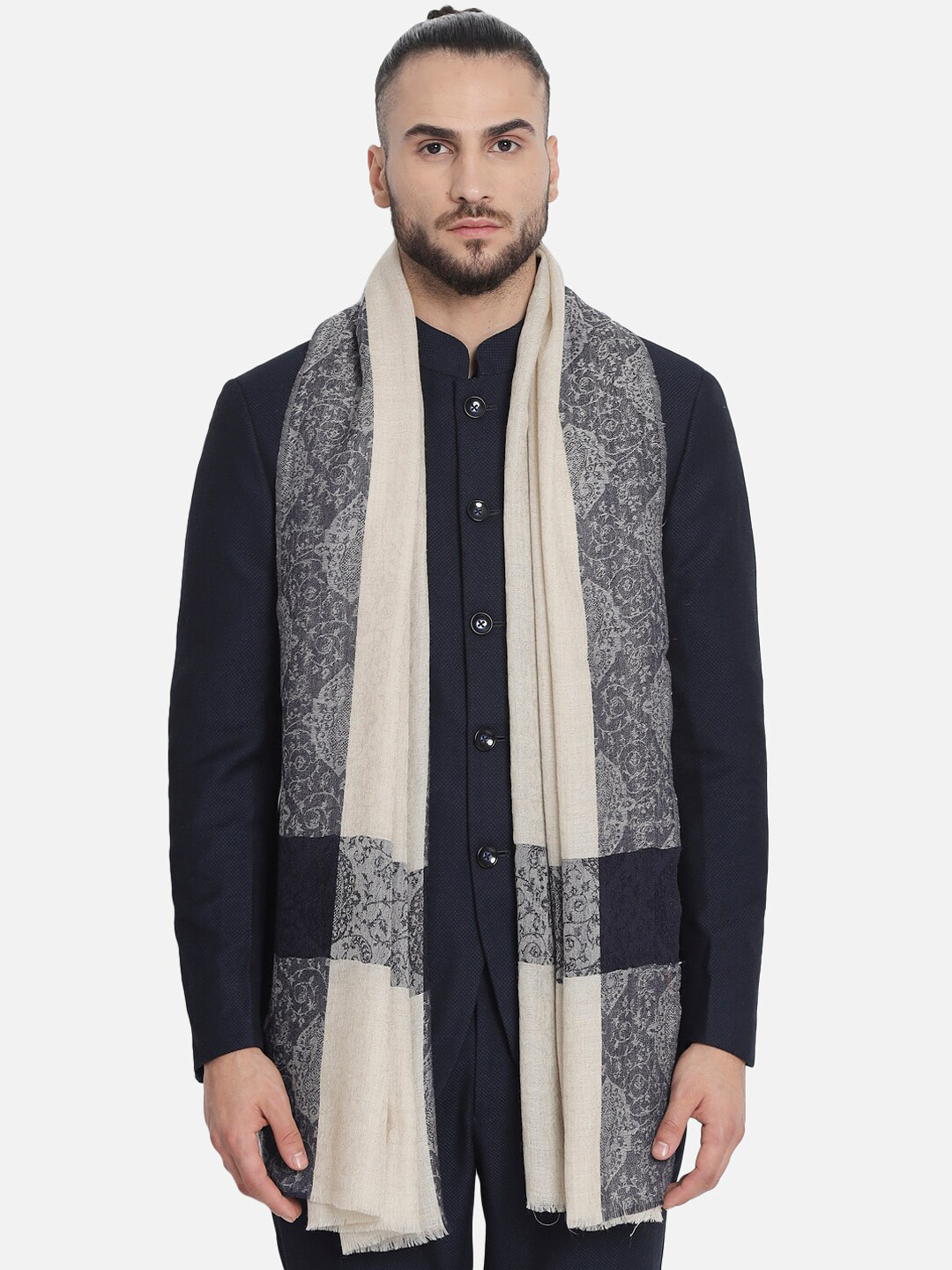 

Pashtush Men Grey Woven Design Woolen Shawl