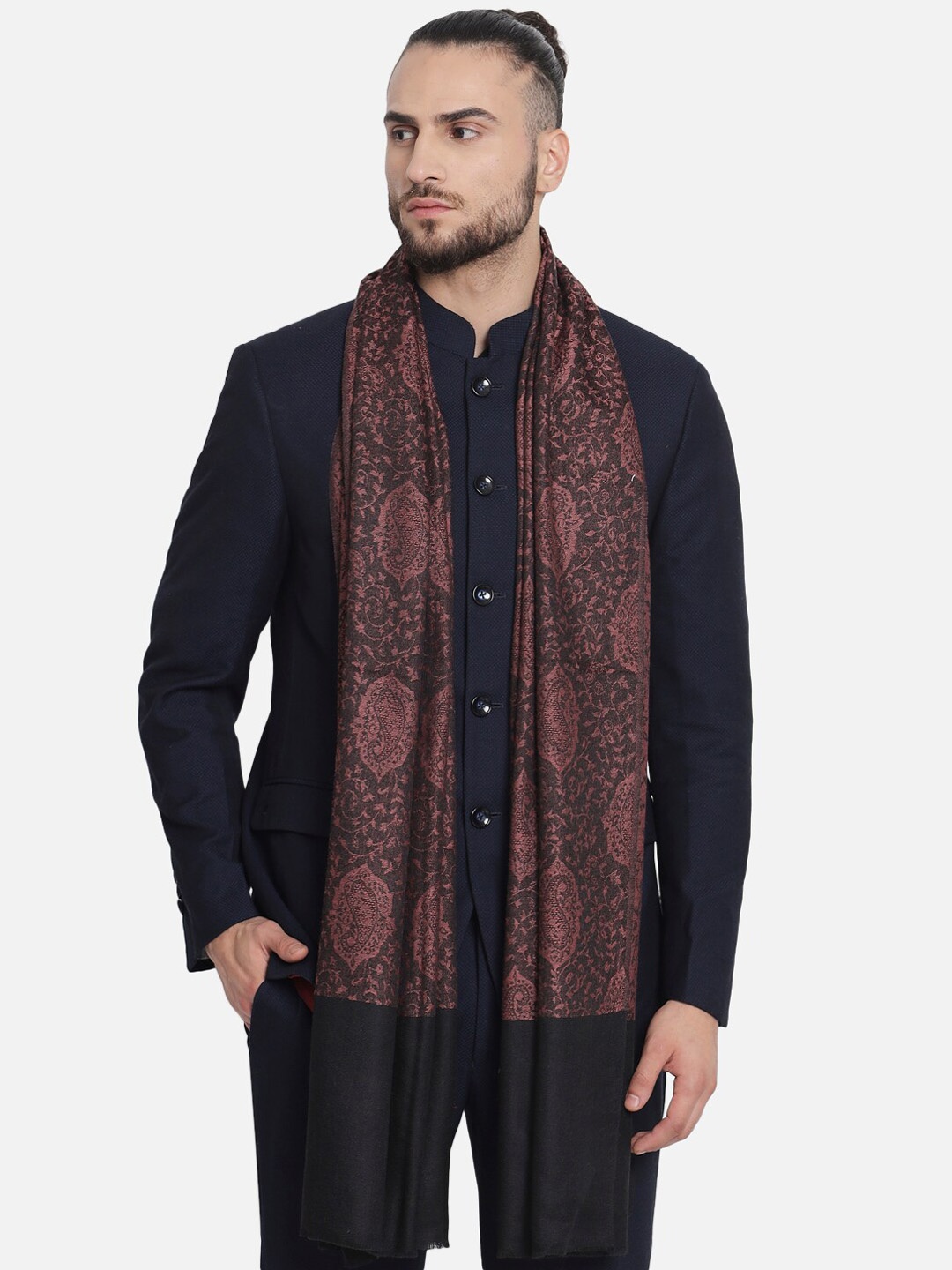 

Pashtush Men Black & Pink Woven Design Woolen Shawl