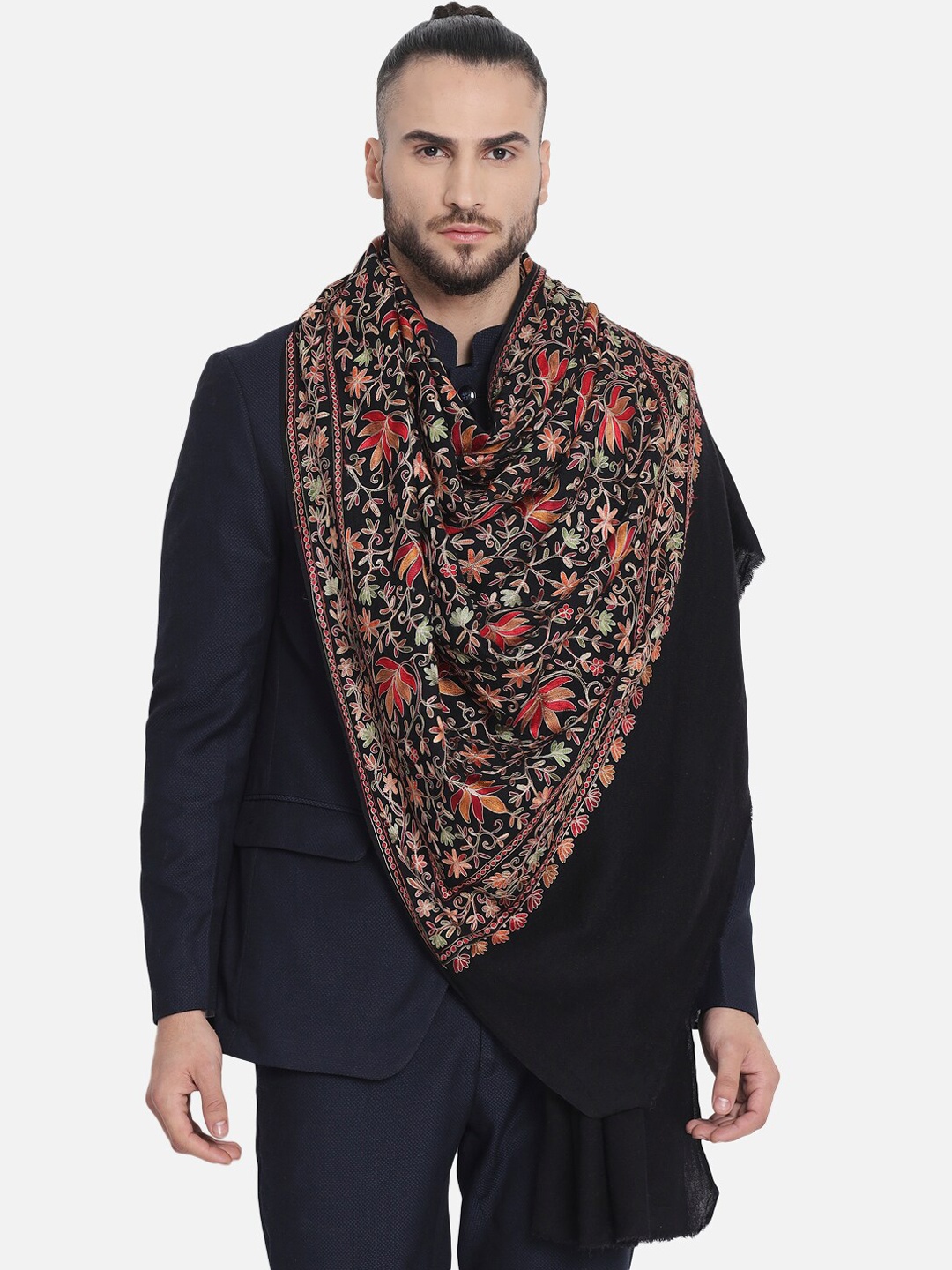 

Pashtush Men Black & Orange Woven-Design Woolen Shawl