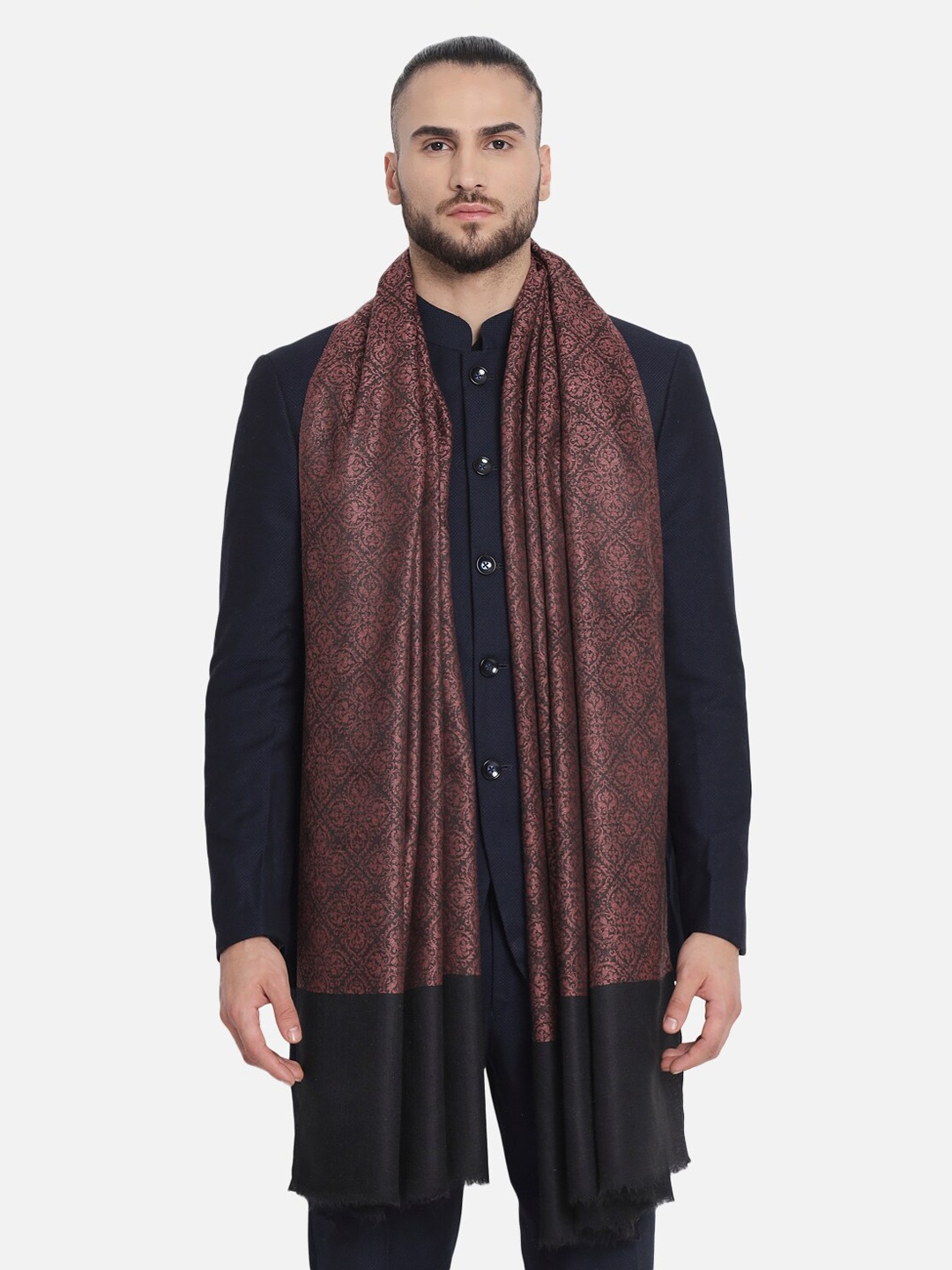 

Pashtush Men Black & Pink Woven-Design Woolen Shawl