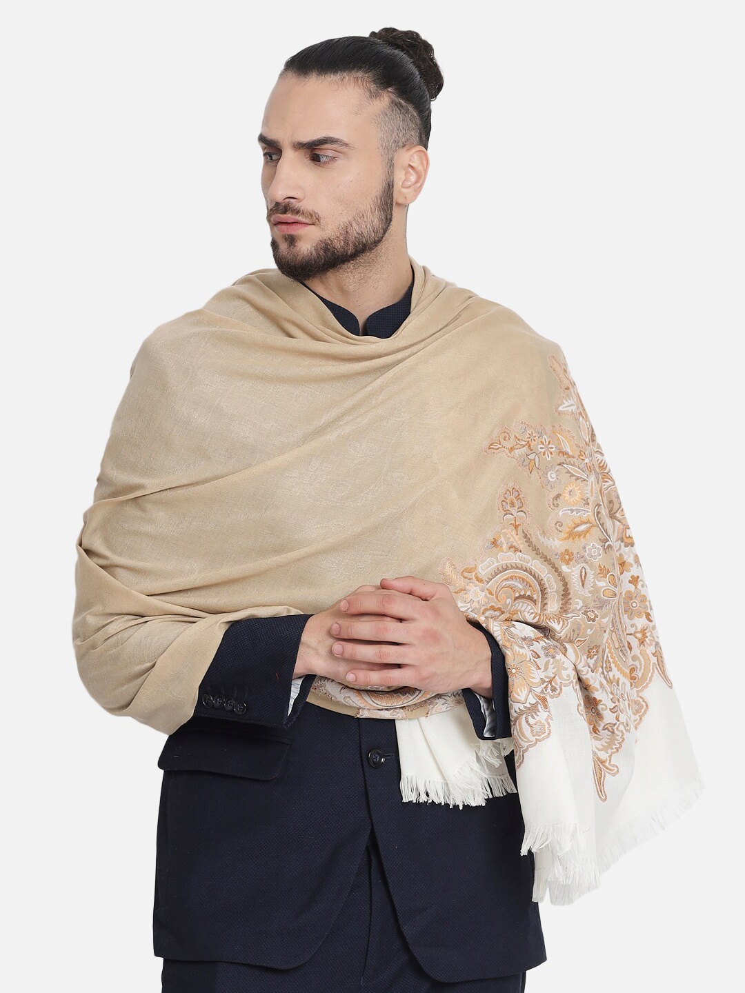 

Pashtush Men Beige & White Woven Design Woolen Shawl