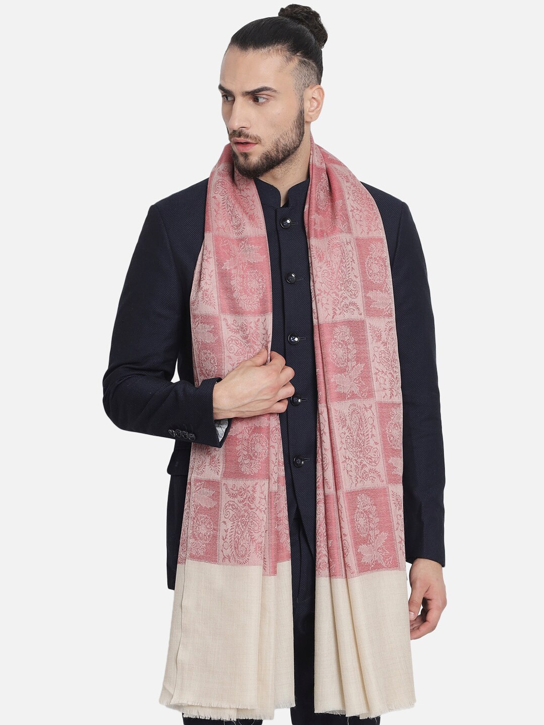 

Pashtush Men Pink & White Woven Design Woolen Shawl