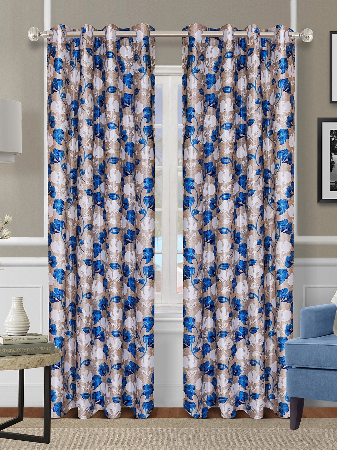 

ROMEE Beige & Blue Set of 2 Floral Printed Long Door Curtain