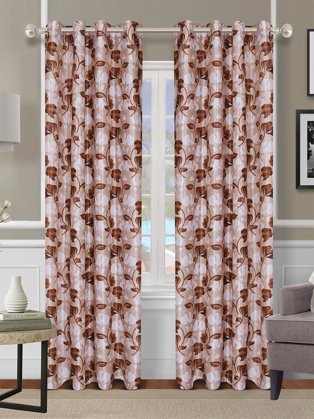 

ROMEE Beige & Brown Set of 2 Floral Door Curtain