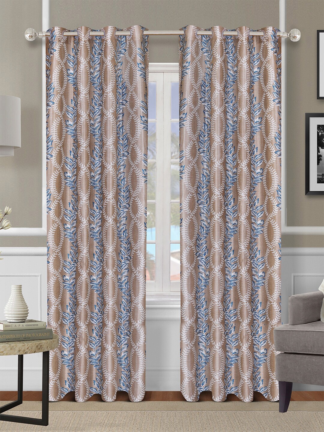 

ROMEE Set of 2 Beige & Blue Floral Printed Long Door Curtain