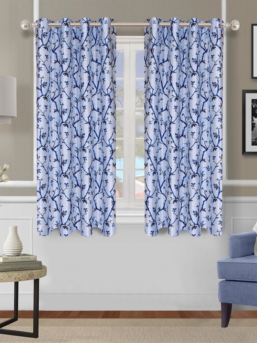 

ROMEE Blue & White Set of 2 Floral Window Curtain