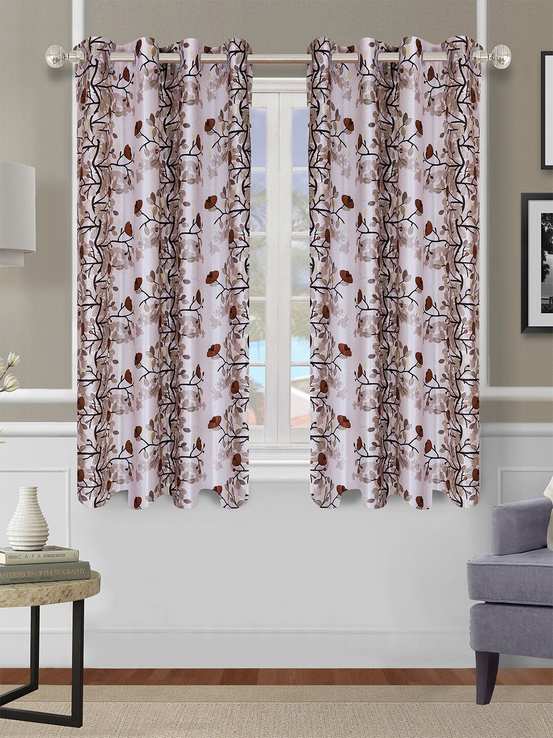 

ROMEE Off-White & Brown Set Of 2 Floral Printed Window Curtains