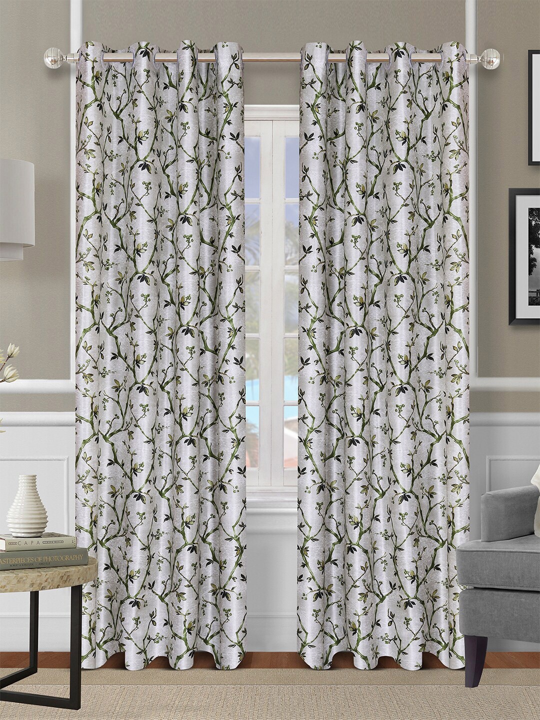 

ROMEE Set of 2 Green & Grey Floral Printed Window Curtain, Cream