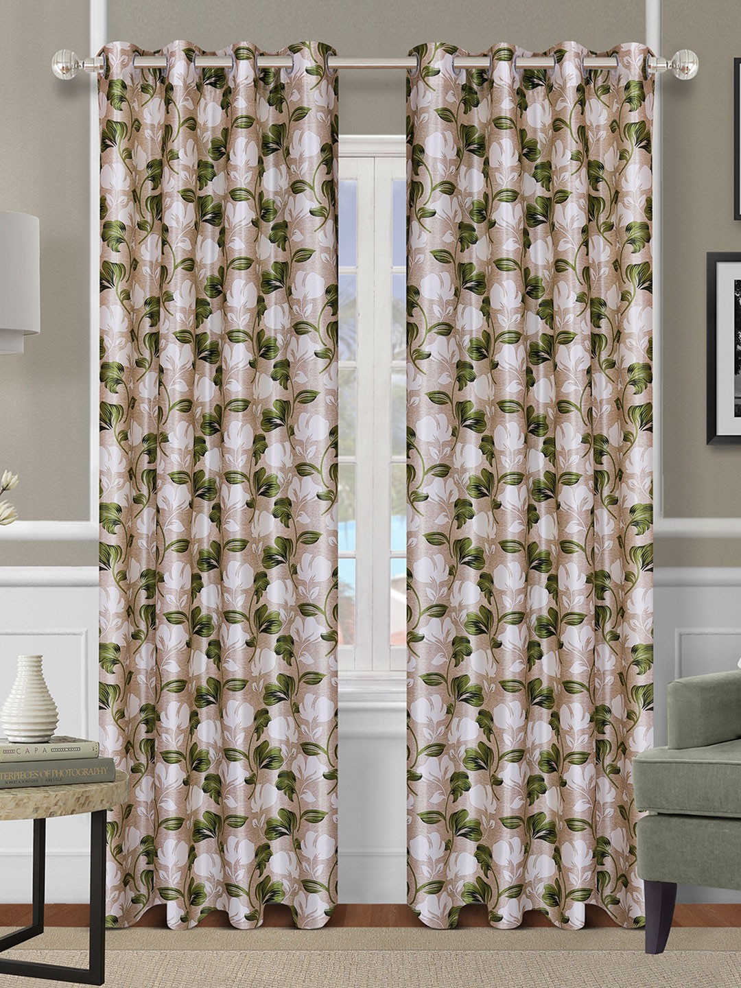 

ROMEE Beige & Green Set of 2 Floral Long Door Curtain
