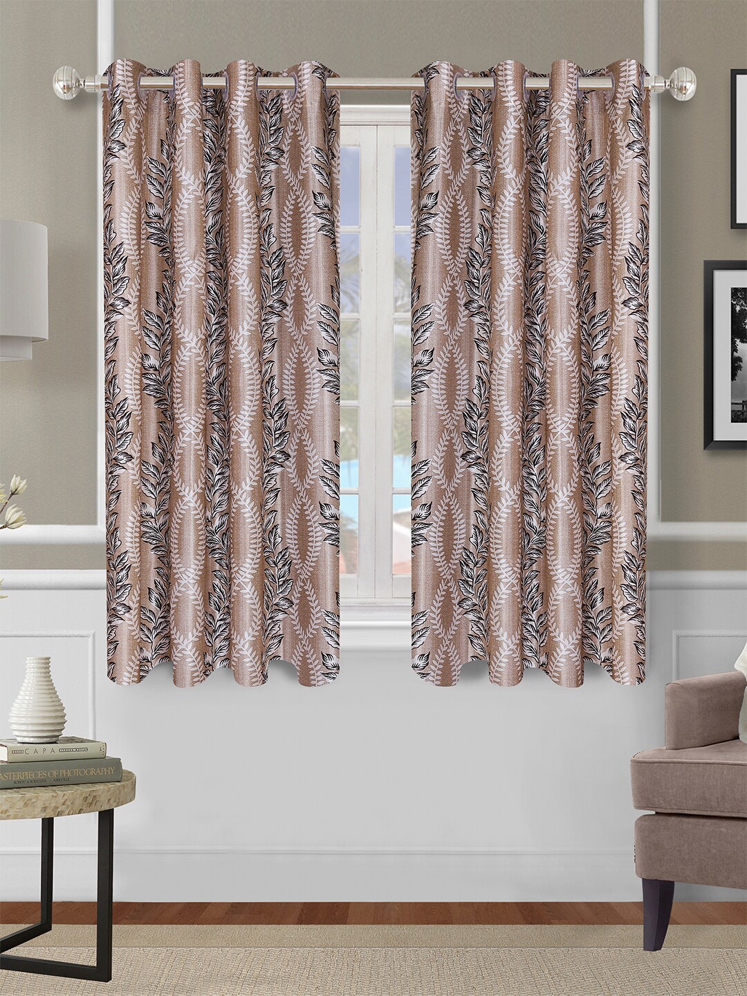 

ROMEE Beige & White Set of 2 Floral Window Curtain