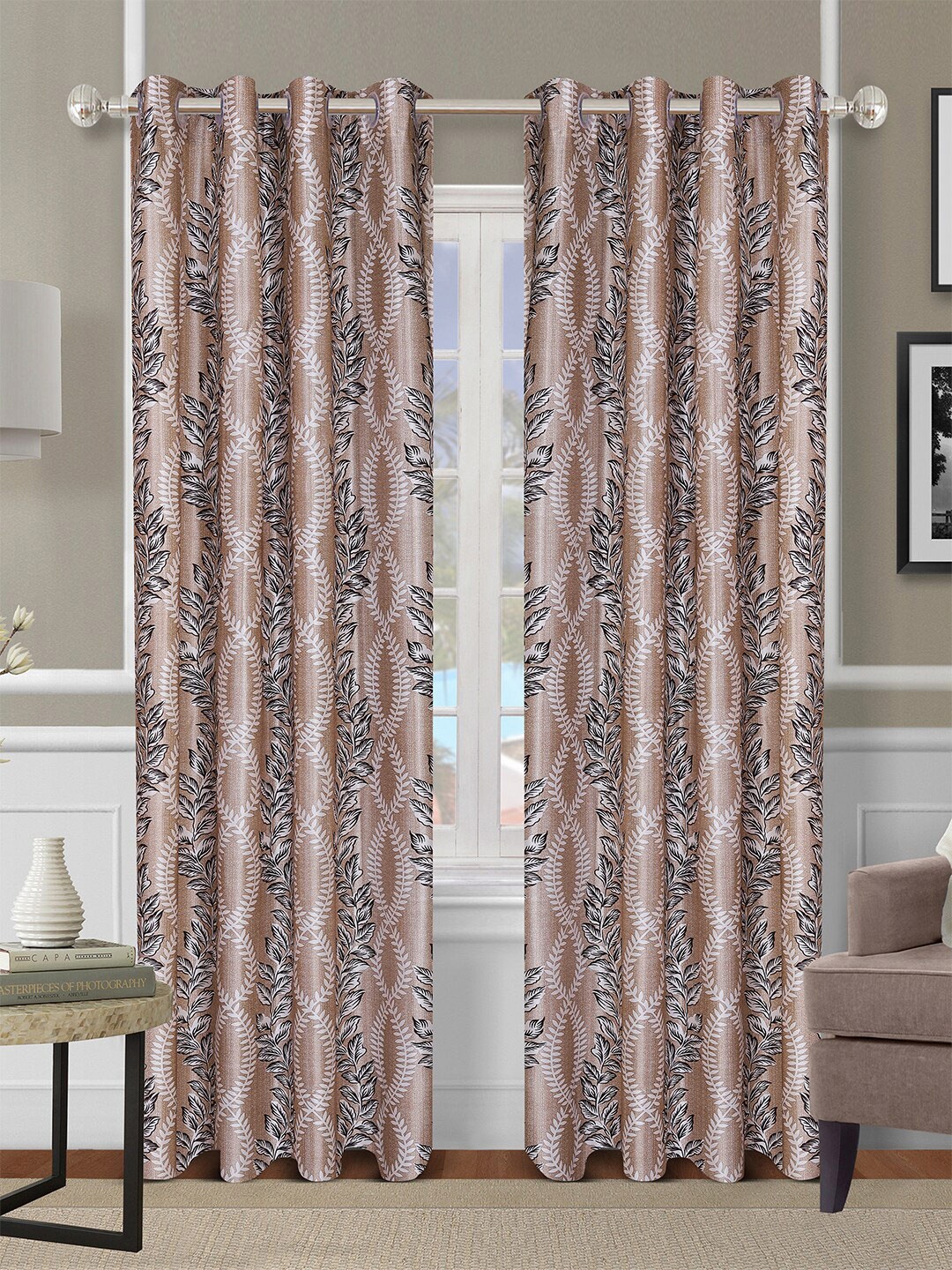 

ROMEE Beige & Brown Floral Long Door Curtain Set of 2