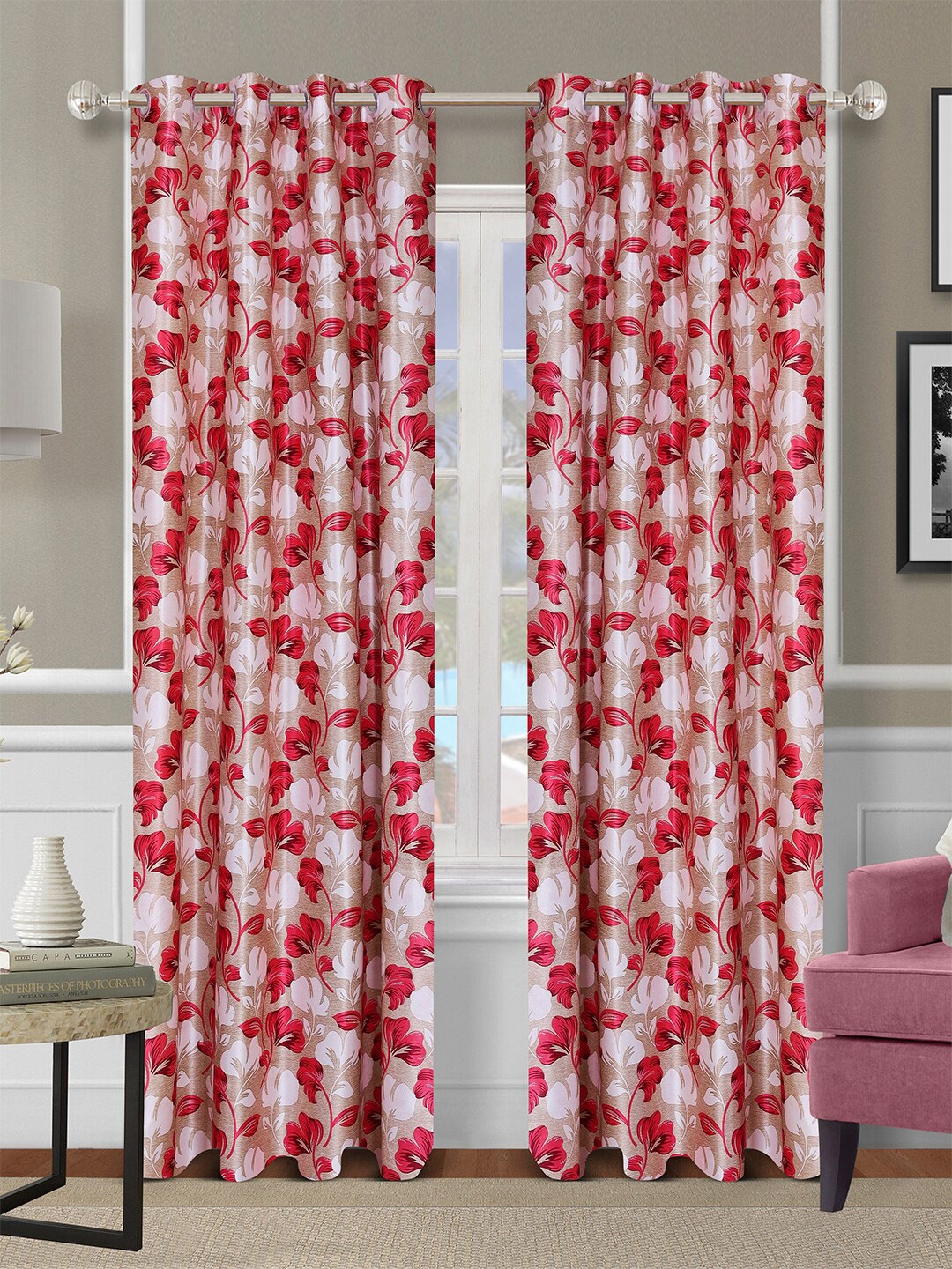 

ROMEE Beige & Red Floral Printed Long Door Curtain Set of 2