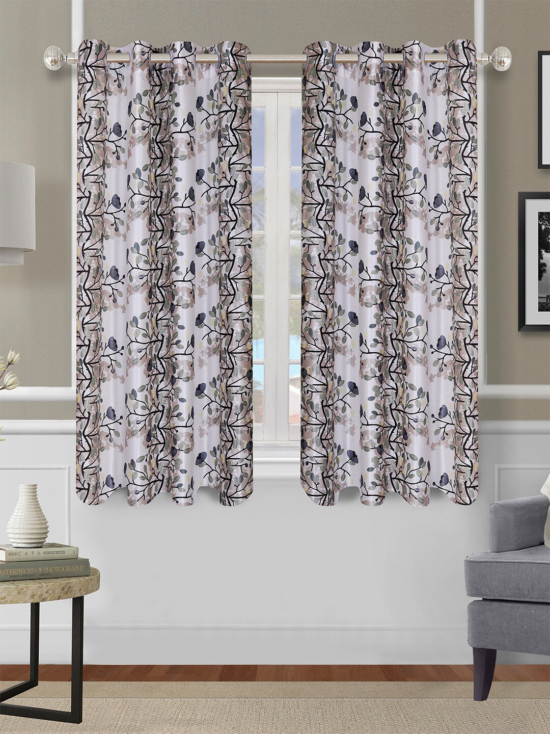 

ROMEE Off White & Blue Set of 2 Floral Window Curtain