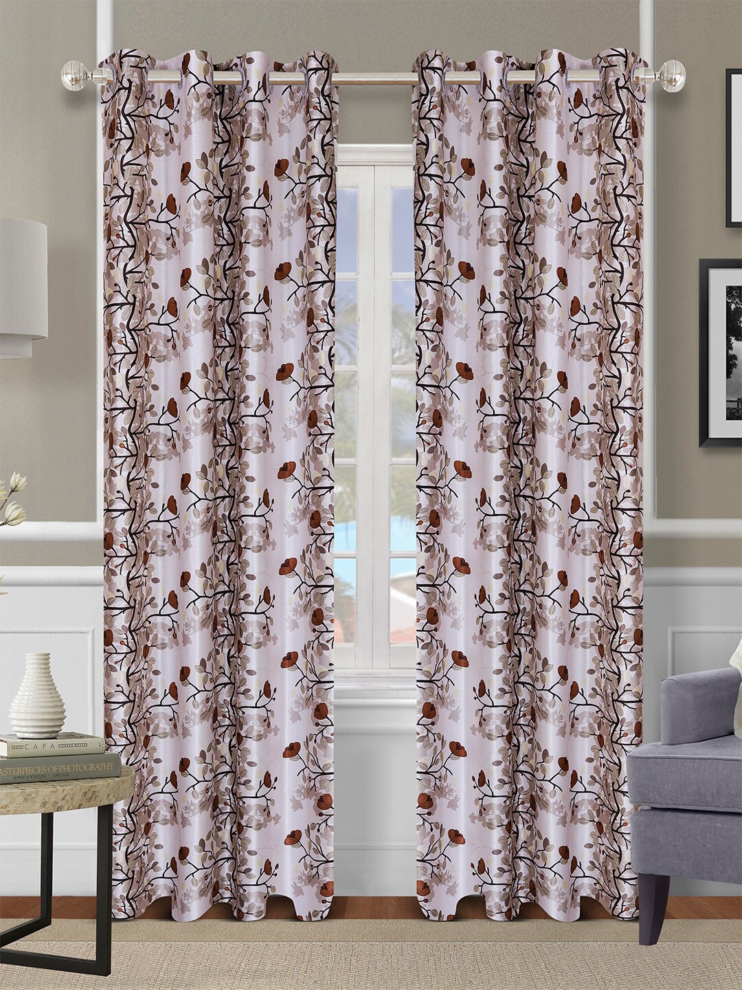 

ROMEE Set Of 2 Off White & Brown Floral Long Door Curtain