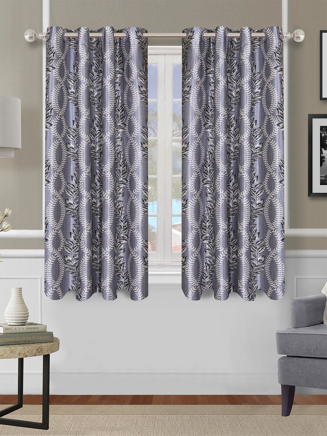 

ROMEE Grey & White Set Of 2 Floral Printed Regular Window Curtain