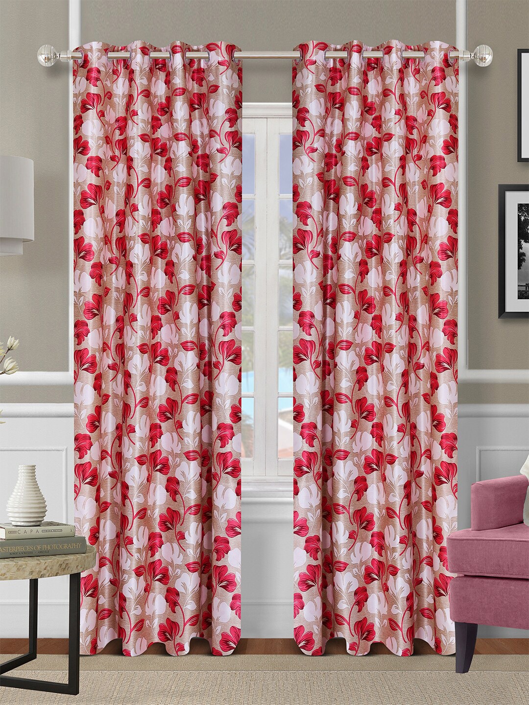

ROMEE Beige & Red Set of 2 Floral Printed Door Curtain