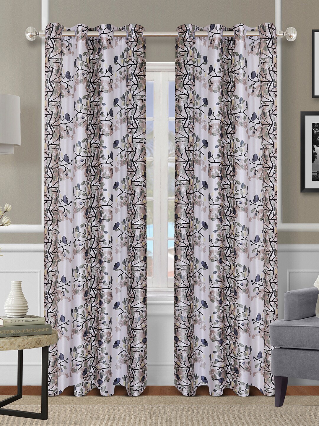 

ROMEE Off White & Grey Set of 2 Floral Door Curtain