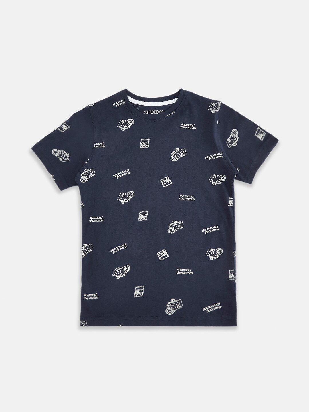 

Pantaloons Junior Boys Navy Blue & White Printed Round Neck Cotton T-shirt