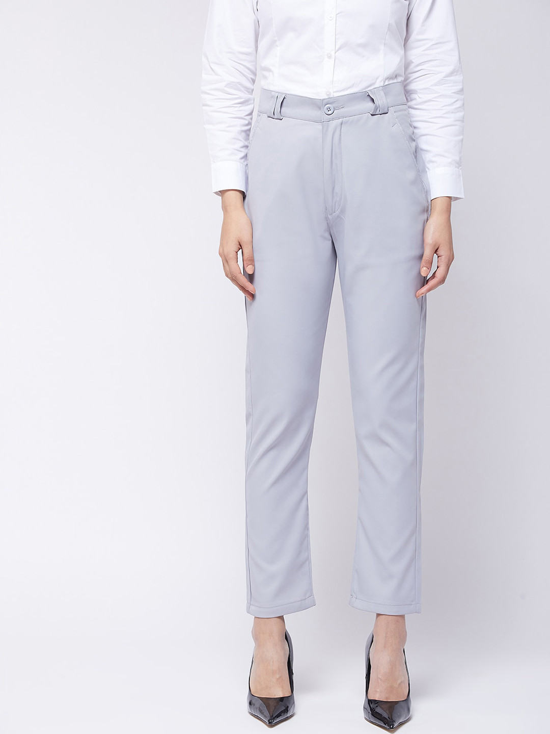 

Purple Feather Women Grey Smart Straight Fit High-Rise Formal Trousers