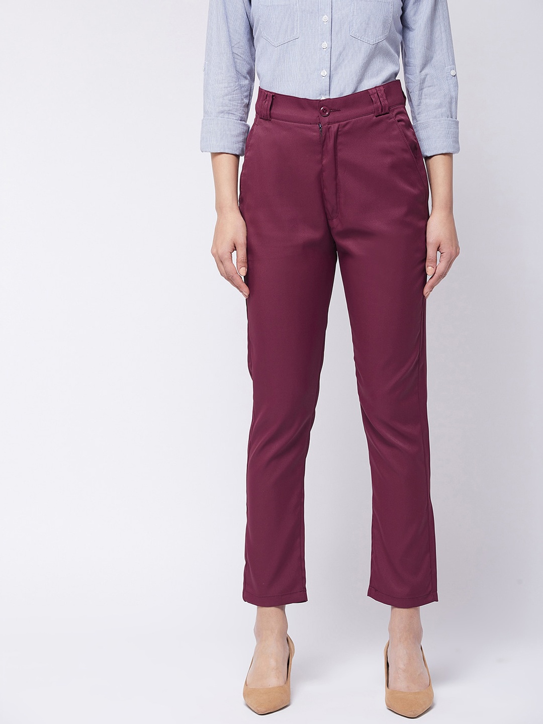 

Purple Feather Women Maroon Smart Straight Fit High-Rise Cropped Trousers