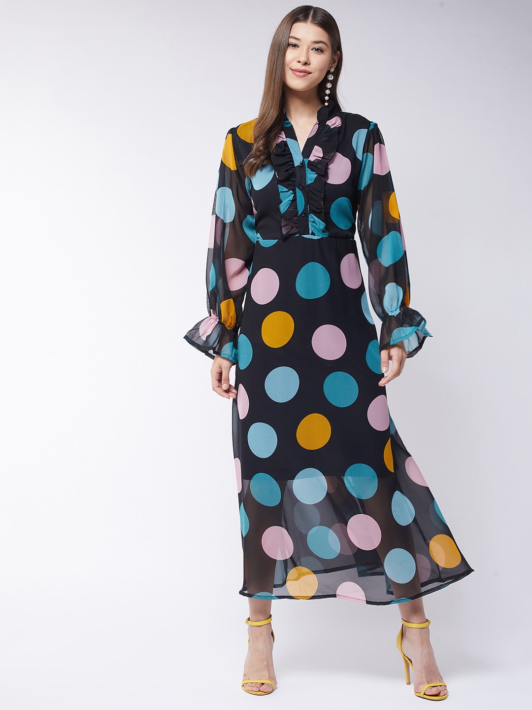 

Purple Feather Black Polka Dots Printed Georgette Maxi Dress