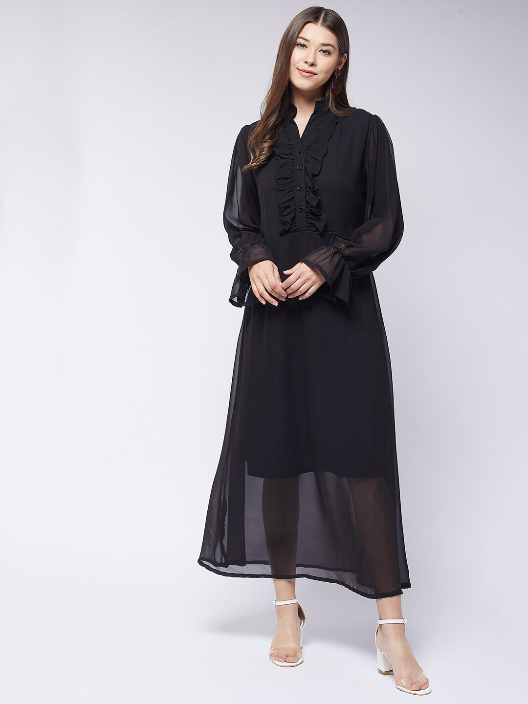 

Purple Feather Black Georgette Ruffled Maxi Dress