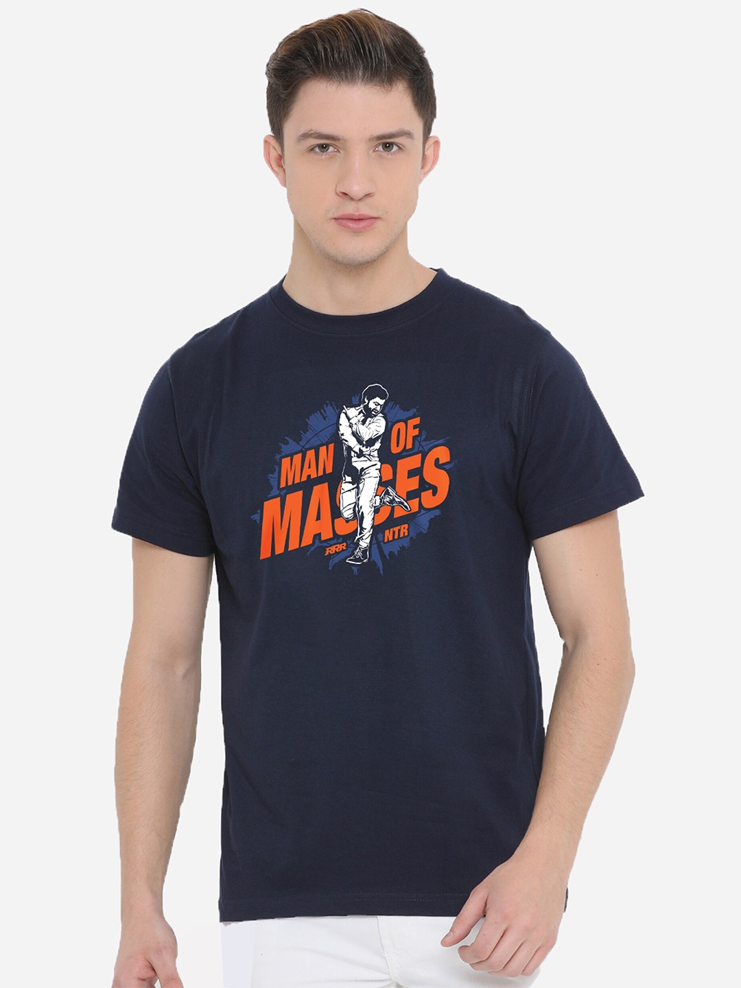 

Fully Filmy Men Navy Blue & Orange Man Of Masses NTR Printed Cotton T-shirt