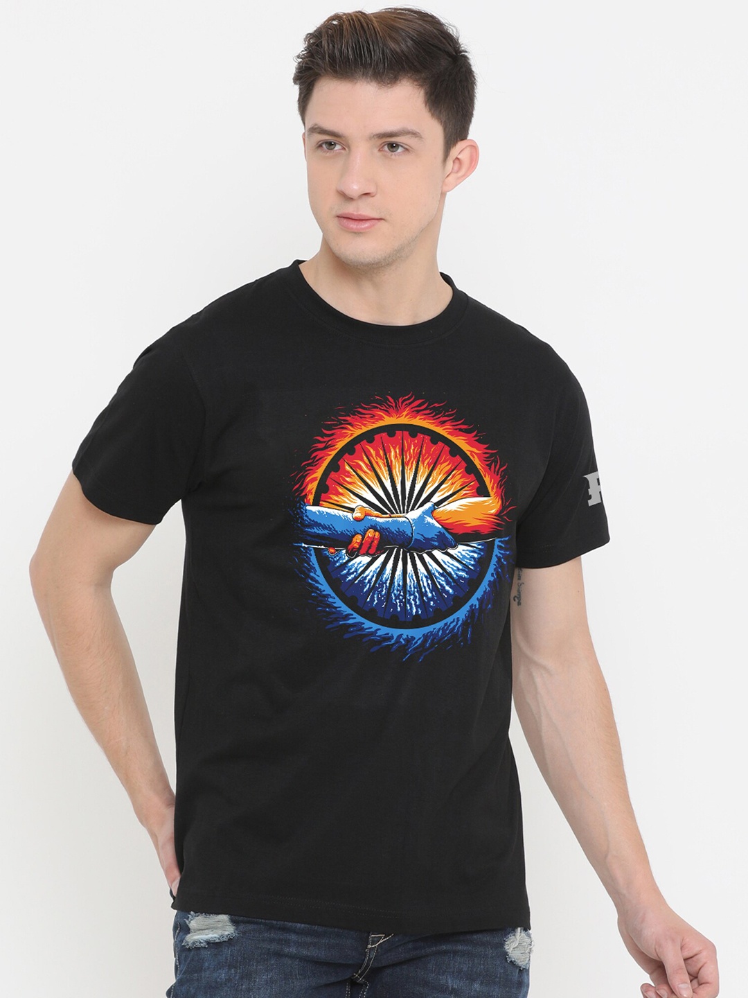 

Fully Filmy Men Black & Blue RRR Chakra Printed Cotton T-shirt
