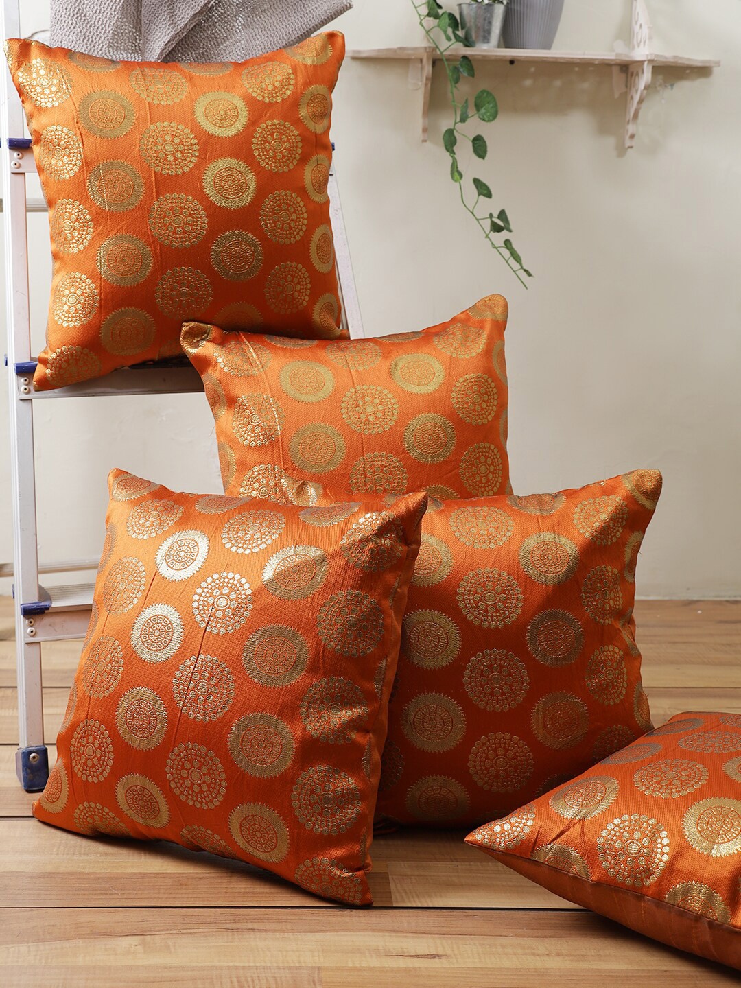

ROMEE Orange & Gold-Toned Set of 5 Ethnic Motifs Square Cushion Covers