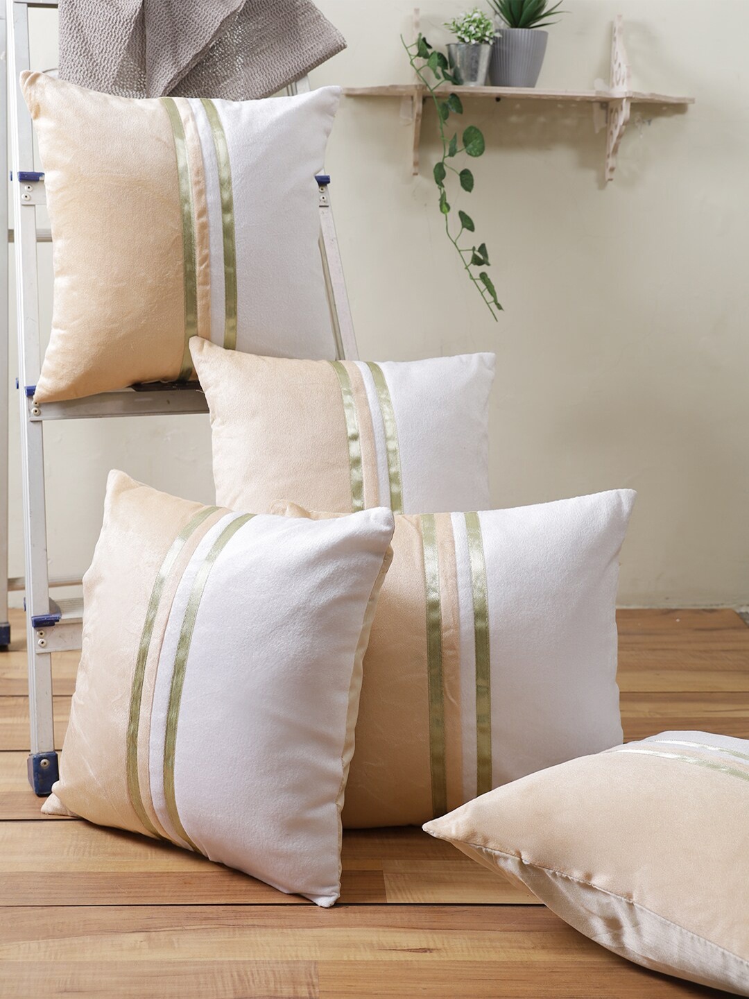 

ROMEE White & Beige Set of 5 Striped Square Cushion Covers