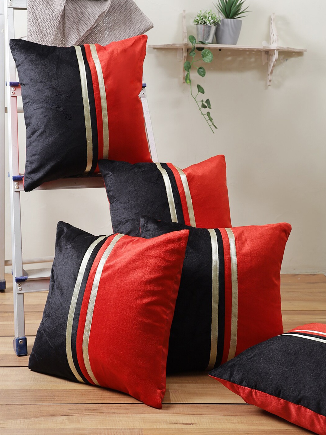 

ROMEE Set Of 5 Black & Red Striped Square Cushion Covers