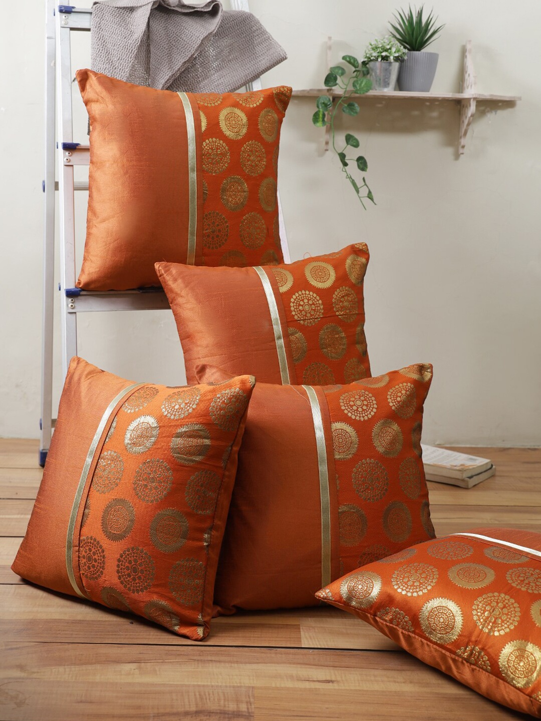 

ROMEE Set Of 5 Orange & Gold-Toned Ethnic Motifs Printed Cushion Covers
