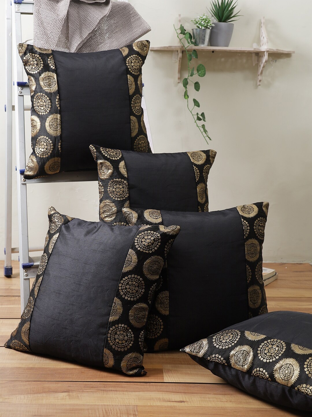 

ROMEE Black & Golden Set of 5 Ethnic Motifs Square Cushion Covers