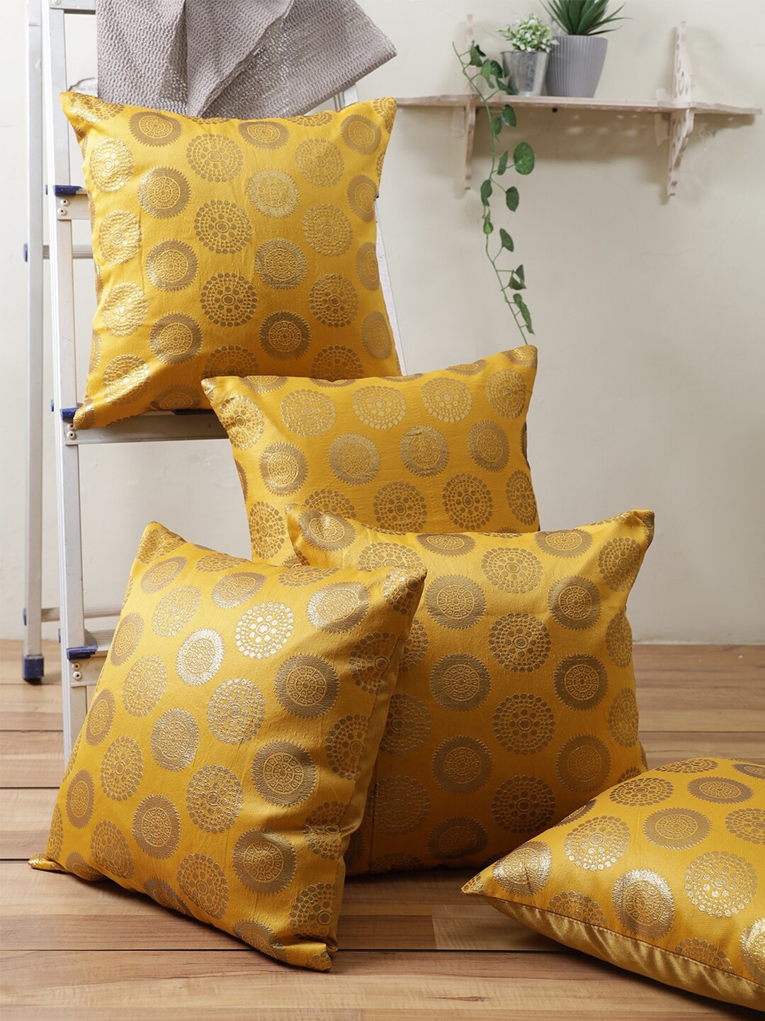 

ROMEE Set Of 5 Gold-Toned Ethnic Motifs Printed Cushion Covers