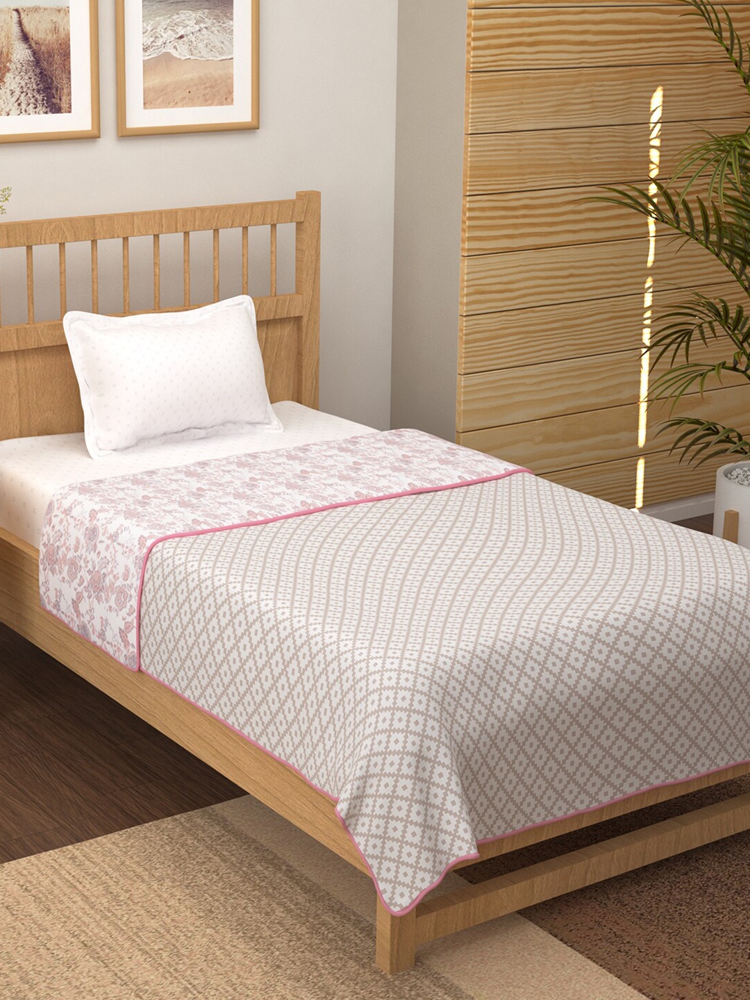 Story@home Light Pink & White Floral 150 GSM Single Bed Reversible Dohar
