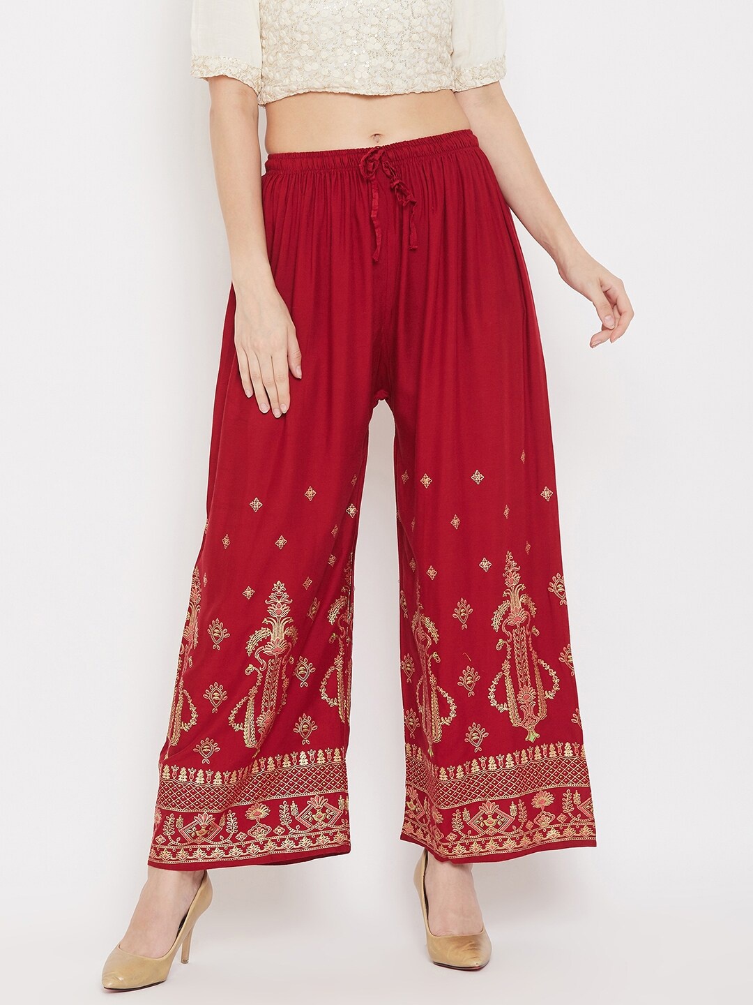 

Clora Creation Women Red & Gold-Toned Ethnic Motifs Knitted Ethnic Palazzos