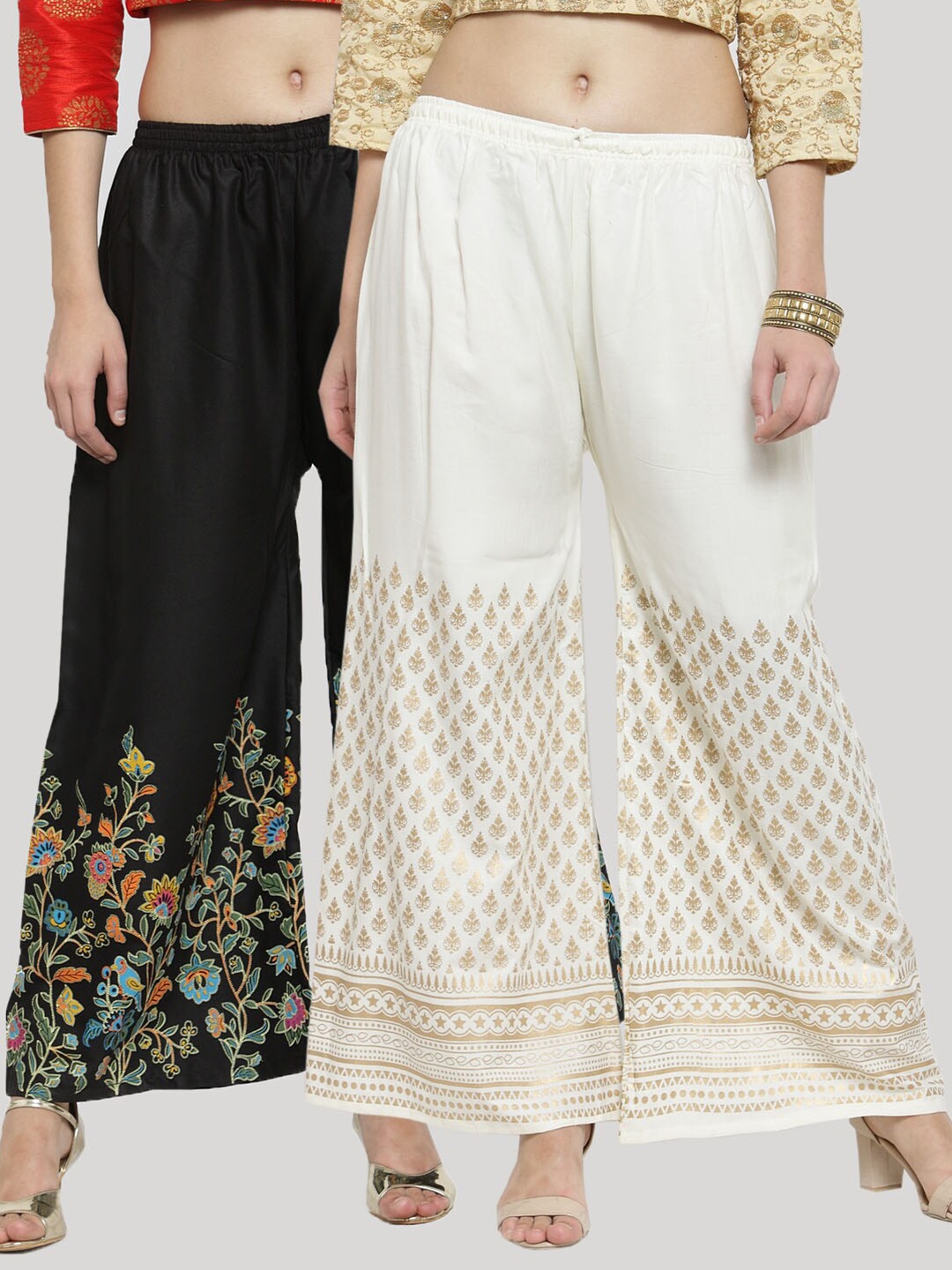 

Clora Creation Women Black & White 2 Floral Printed Knitted Palazzos