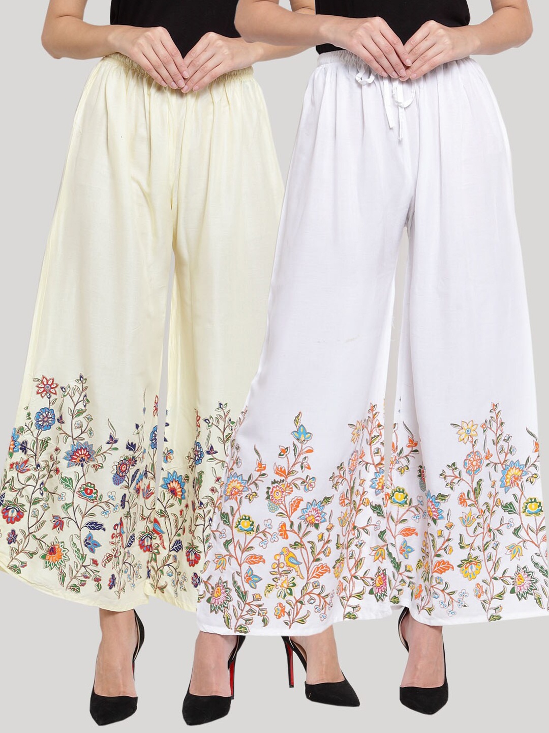 

Clora Creation Women Pack Of 2 Cream-Coloured & White Floral Printed Knitted Palazzos
