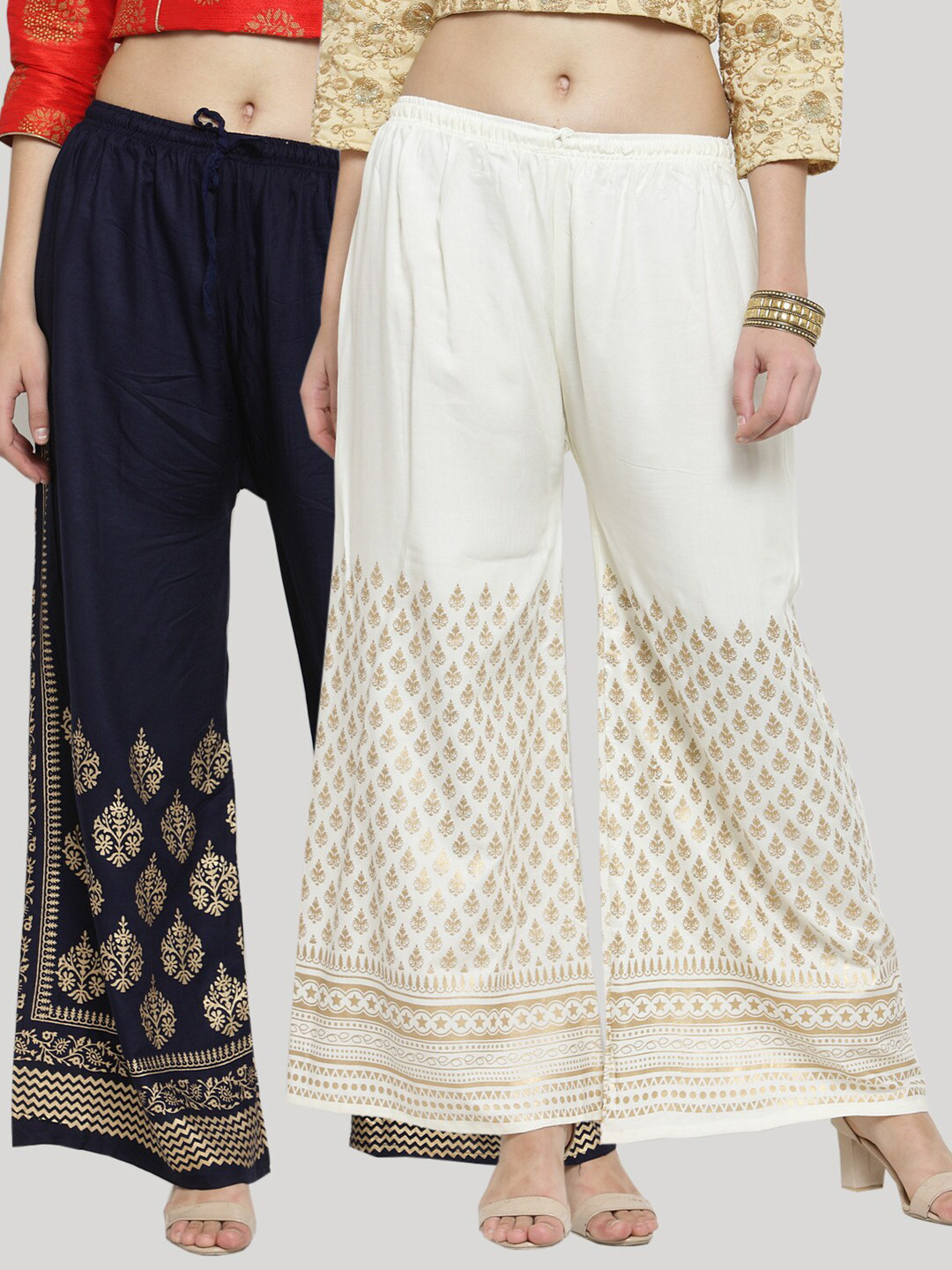 

Clora Creation Women Navy Blue & Cream-Coloured Set Of 2 Ethnic Motifs Printed Knitted Palazzos
