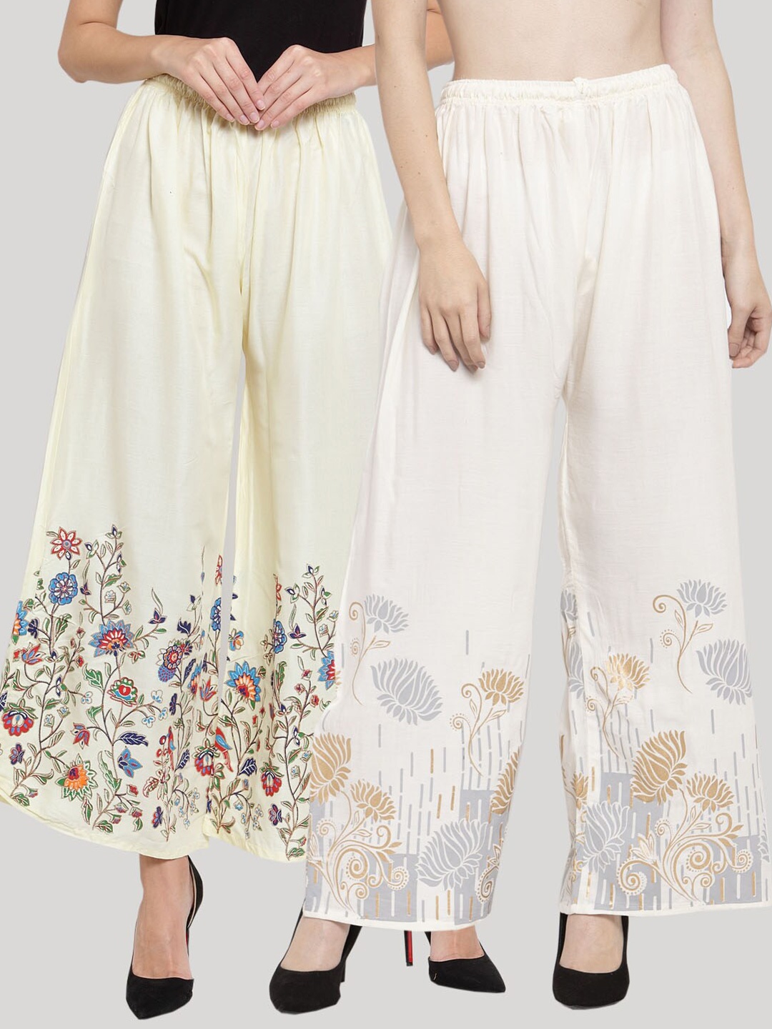 

Clora Creation Women Cream-Coloured & White 2 Floral Printed Knitted Ethnic Palazzos