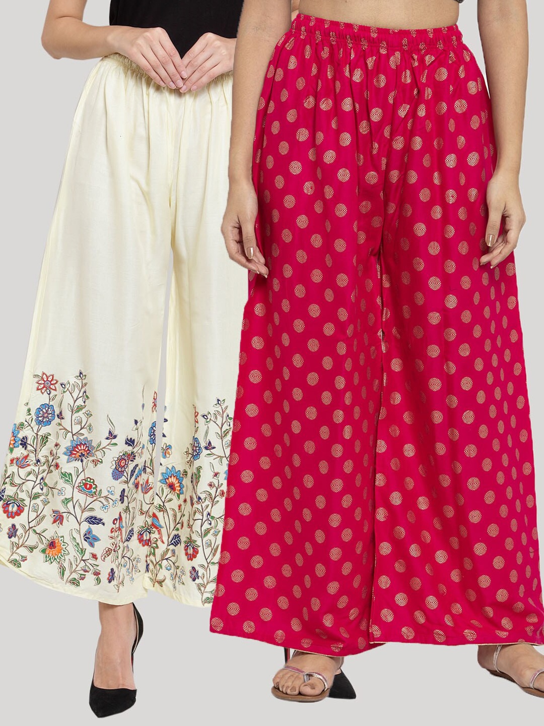 

Clora Creation Women Pink & Cream-Coloured Set Of 2 Floral Printed Knitted Ethnic Palazzos