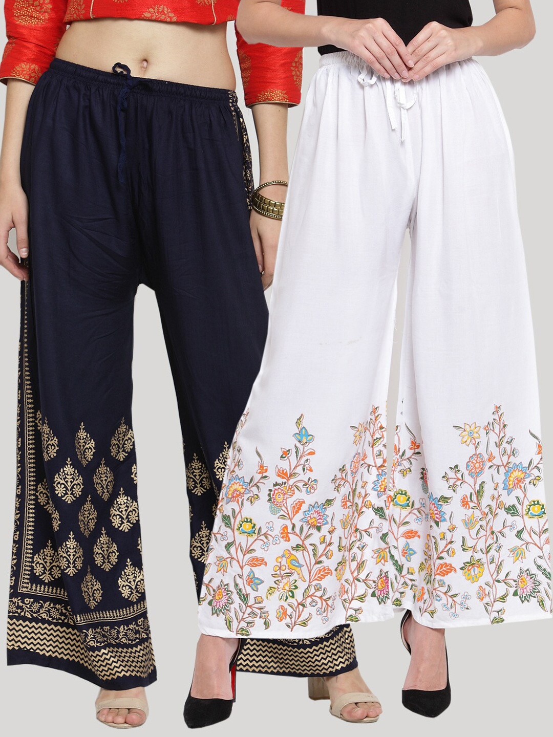 

Clora Creation Women Pack of 2 White & Navy Blue Floral Printed Knitted Ethnic Palazzos