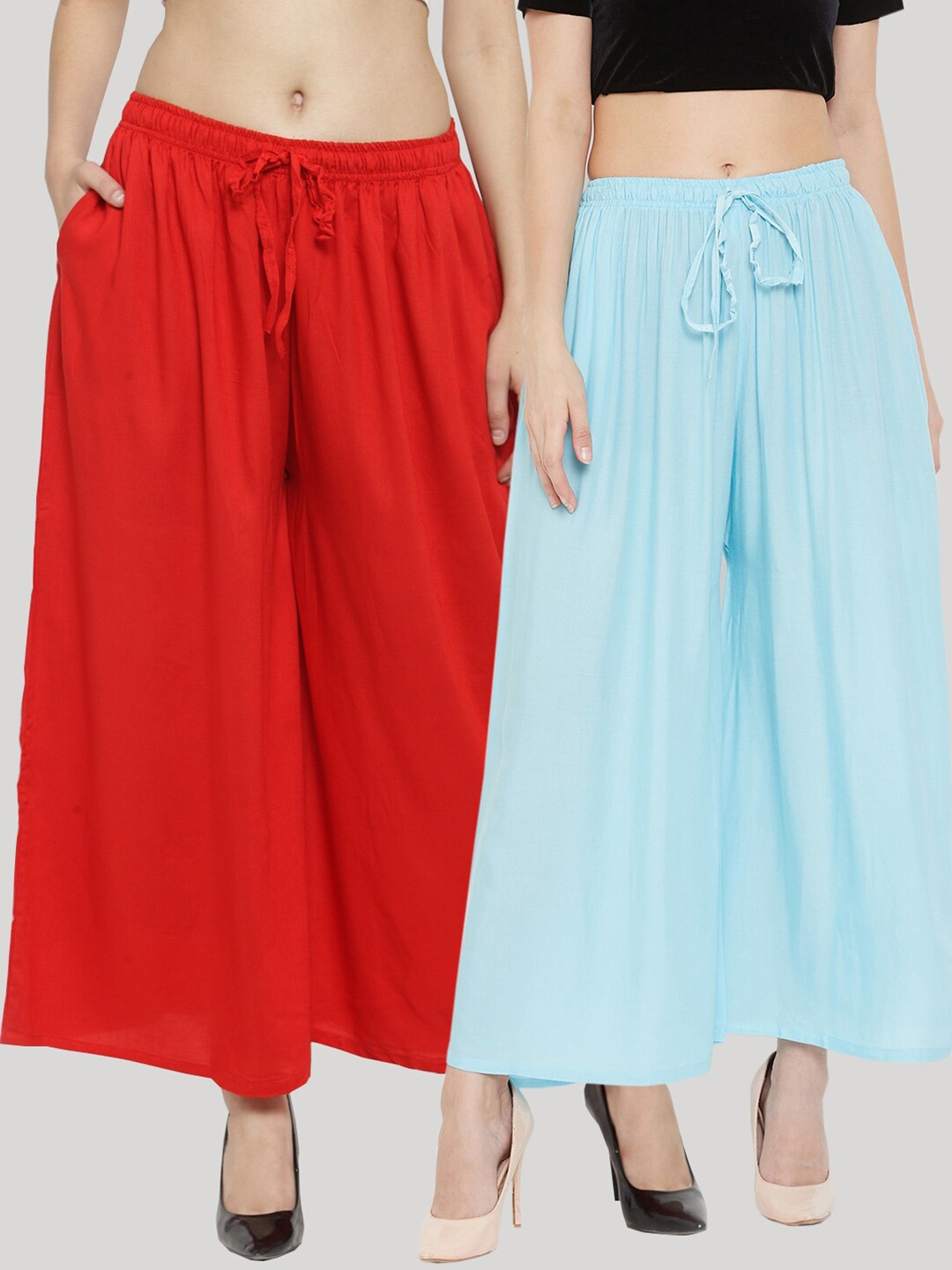 

Clora Creation Women Pack Of 2 Red & Blue Solid Wide Leg Palazzos