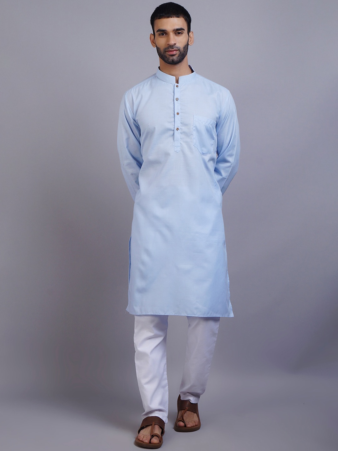 

GRACIT Men Solid Turquoise Blue & White Kurta with Pyjamas
