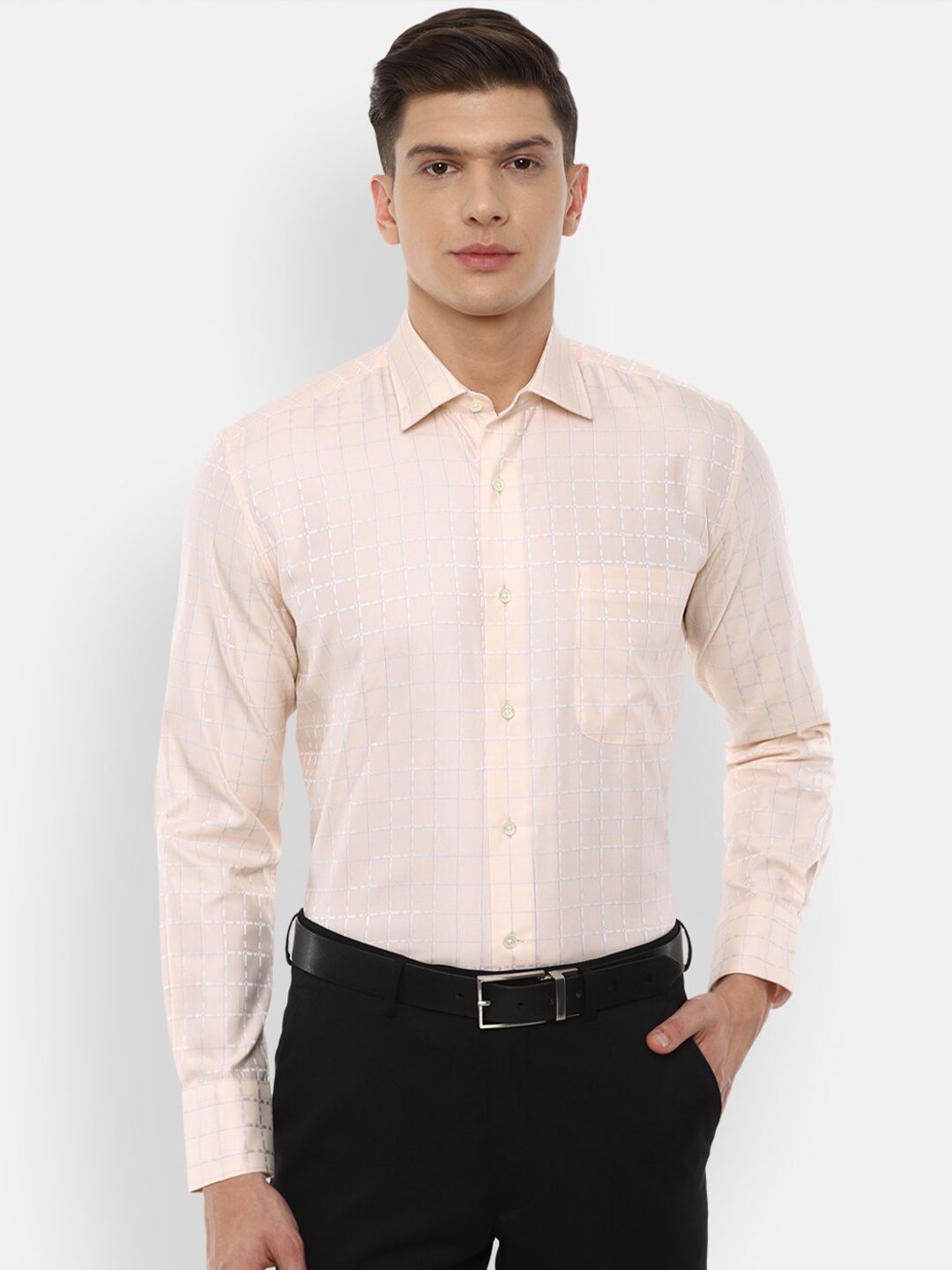 

Luxure by Louis Philippe Men Peach-Coloured Windowpane Checked Cotton Formal Shirt