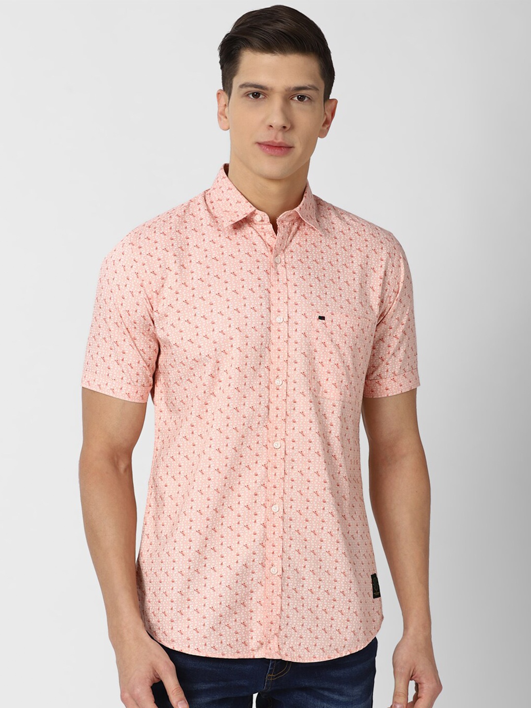 

Peter England Casuals Men Peach-Coloured Slim Fit Printed Pure Cotton Casual Shirt